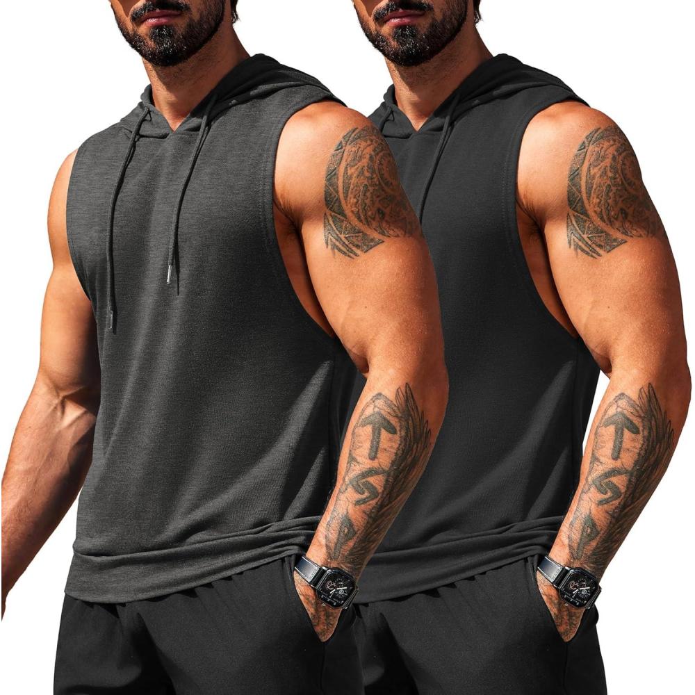 imageCOOFANDY Mens Workout Hooded Tank Tops Sleeveless Muscle Cut Off Shirts Athletic Gym Hoodies for Training FitnessDark GreyBlack