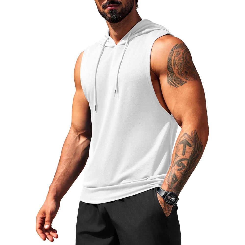 imageCOOFANDY Mens Workout Hooded Tank Tops Sleeveless Muscle Cut Off Shirts Athletic Gym Hoodies for Training FitnessWhite
