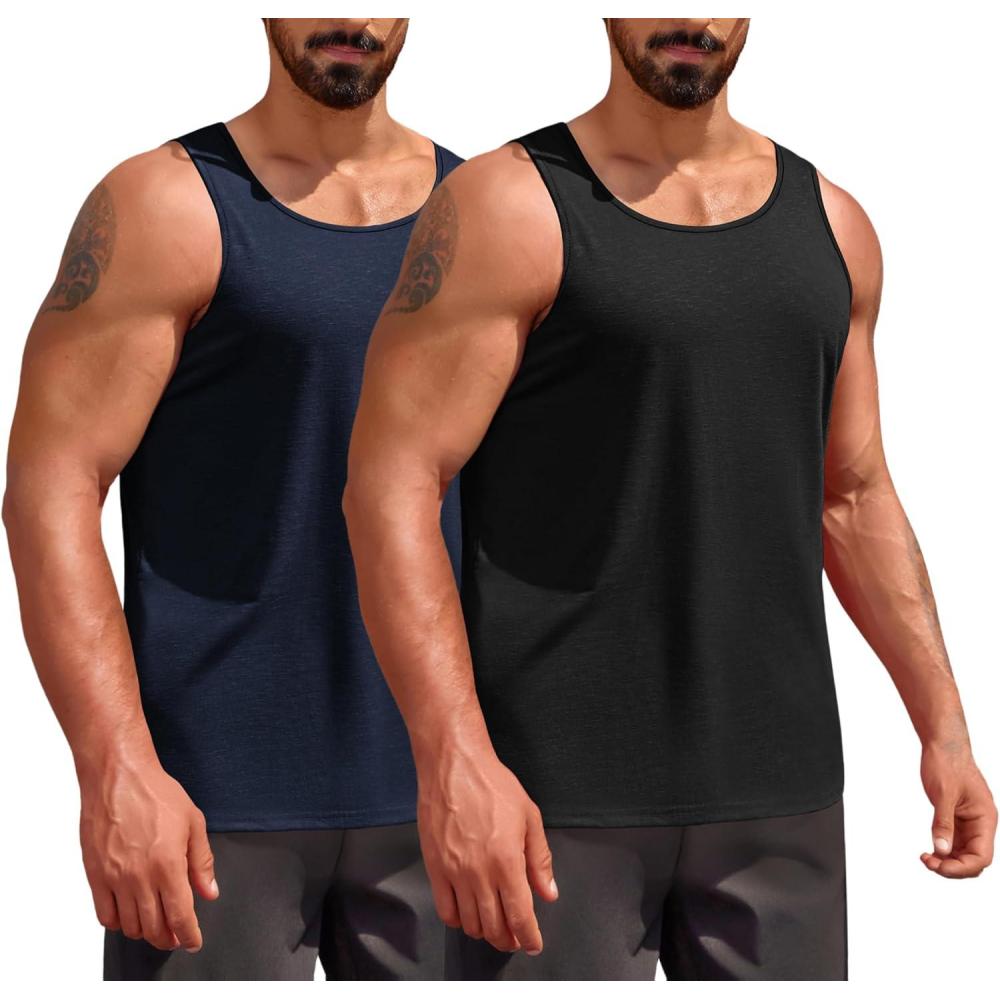 imageCOOFANDY Mens Workout Tank Tops 2 Pack Gym Muscle Sleeveless Shirt Casual Stringer Athletic Tee Shirts SummerBlacknavy