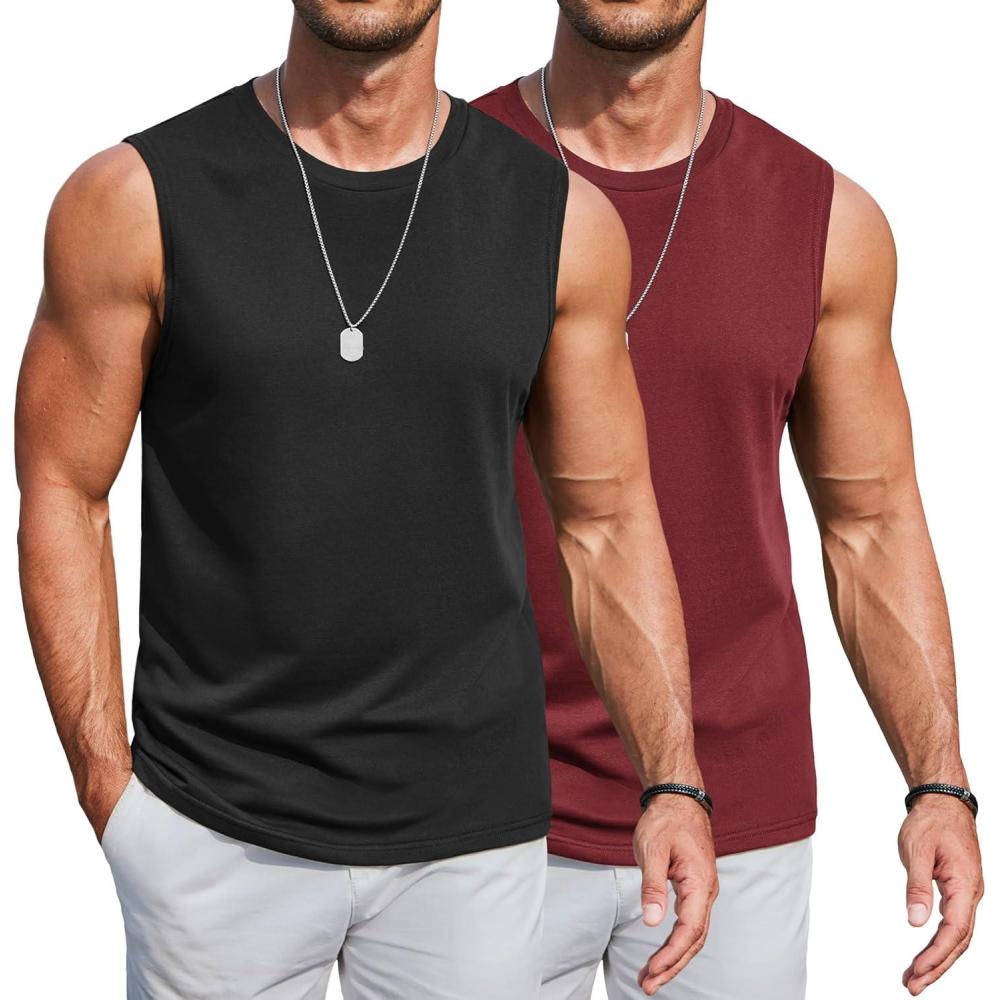 imageCOOFANDY Mens Workout Tank Tops Cotton 3 Pack Soft Muscle Shirt Sleeveless Classic T Shirts Gym Athletic TankBlack Wine Red