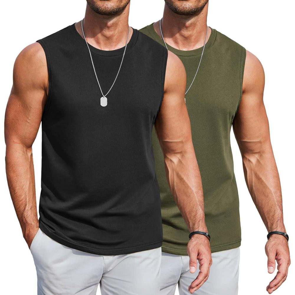 imageCOOFANDY Mens Workout Tank Tops Cotton 3 Pack Soft Muscle Shirt Sleeveless Classic T Shirts Gym Athletic TankBlackArmy Green