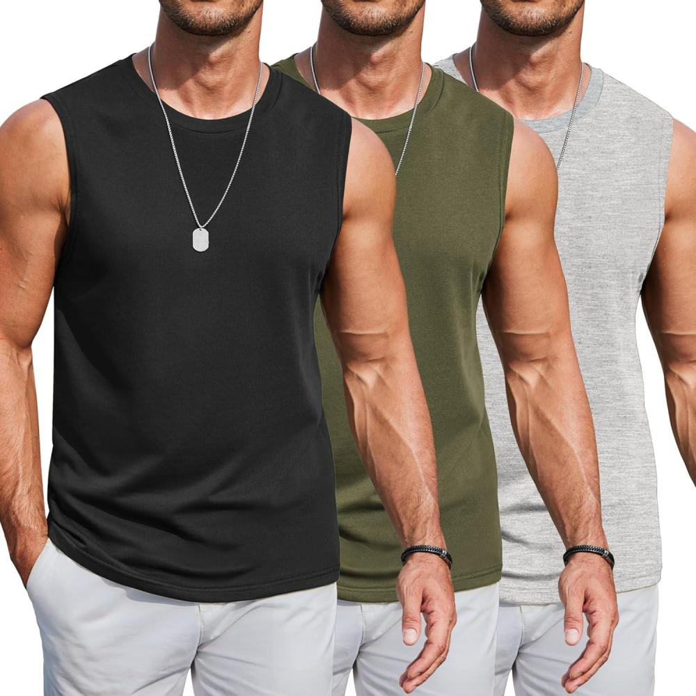imageCOOFANDY Mens Workout Tank Tops Cotton 3 Pack Soft Muscle Shirt Sleeveless Classic T Shirts Gym Athletic TankBlackLight GreyArmy Green