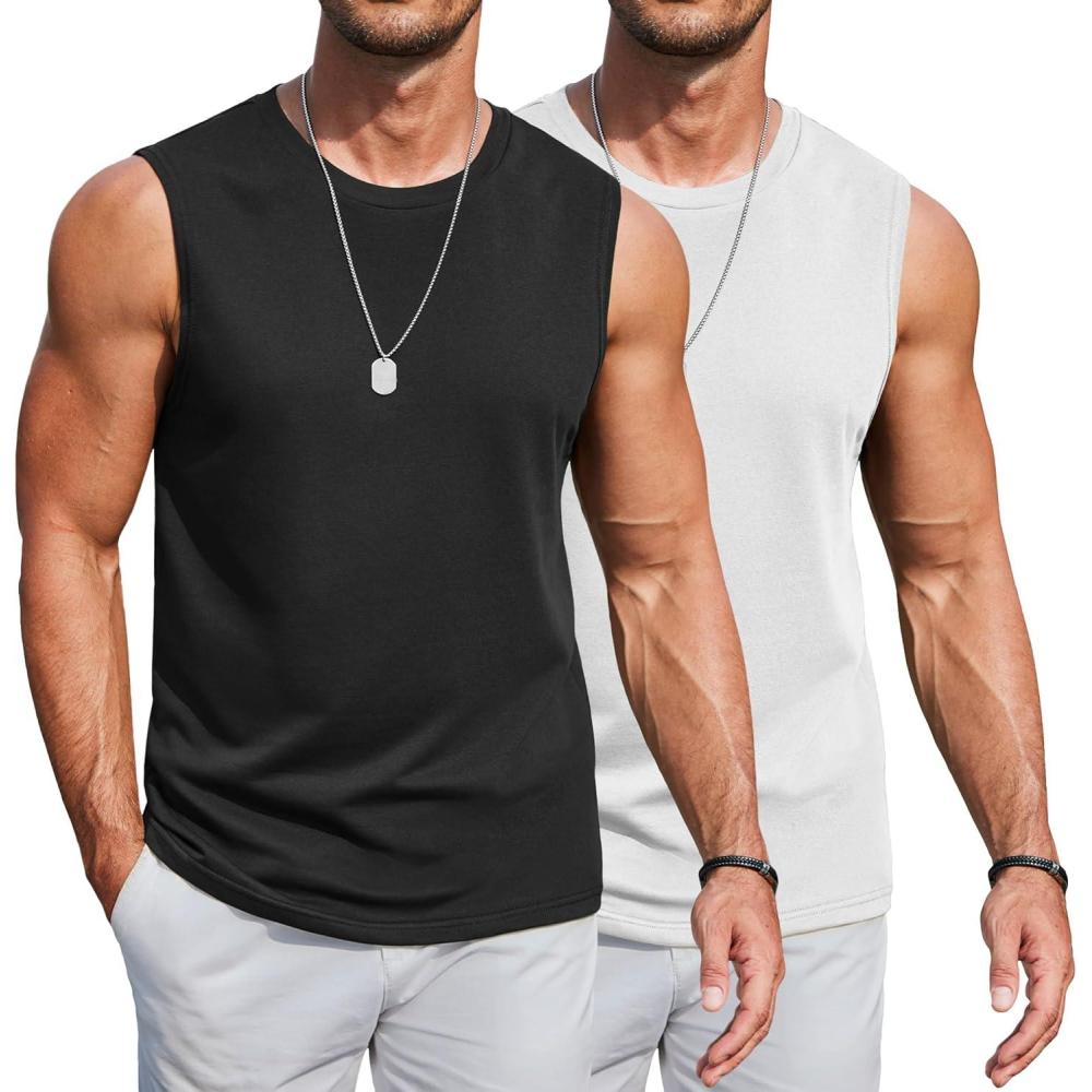 imageCOOFANDY Mens Workout Tank Tops Cotton 3 Pack Soft Muscle Shirt Sleeveless Classic T Shirts Gym Athletic TankBlackWhite