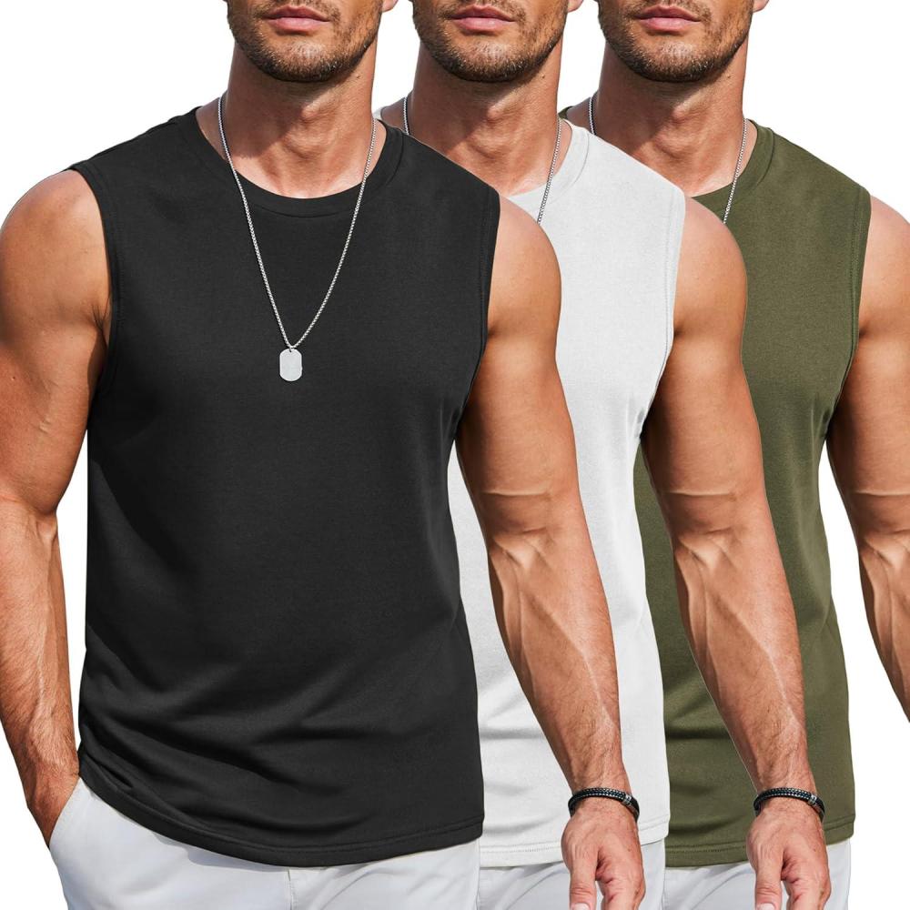 imageCOOFANDY Mens Workout Tank Tops Cotton 3 Pack Soft Muscle Shirt Sleeveless Classic T Shirts Gym Athletic TankBlackWhiteArmy Green