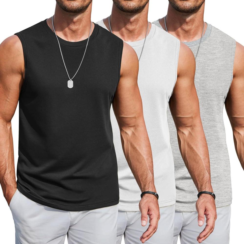imageCOOFANDY Mens Workout Tank Tops Cotton 3 Pack Soft Muscle Shirt Sleeveless Classic T Shirts Gym Athletic TankBlackWhiteLight Grey