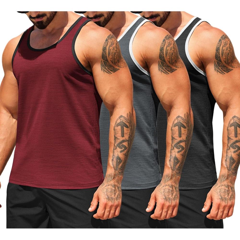 imageCOOFANDY Mens Workout Tank Tops Pack Dry Fit Sleeveless Running Shirts Gym Muscle Bodybuilding T ShirtsBlackDark GreyWine Red