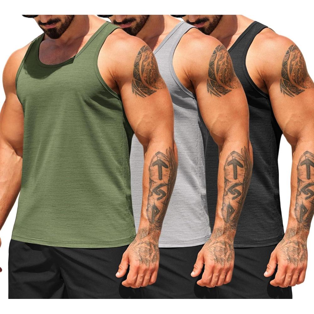 imageCOOFANDY Mens Workout Tank Tops Pack Dry Fit Sleeveless Running Shirts Gym Muscle Bodybuilding T ShirtsBlackGreyArmy Green