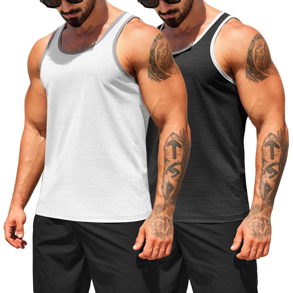 imageCOOFANDY Mens Workout Tank Tops Pack Dry Fit Sleeveless Running Shirts Gym Muscle Bodybuilding T ShirtsBlackWhite