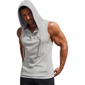imageCOOFANDY Mens Workout Hooded Tank Tops Sleeveless Gym Hoodies Cotton Muscle Cut Off Shirt Bodybuilding Henley ShirtsLight Grey
