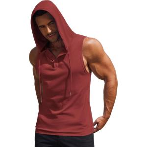 imageCOOFANDY Mens Workout Hooded Tank Tops Sleeveless Gym Hoodies Cotton Muscle Cut Off Shirt Bodybuilding Henley ShirtsWine Red