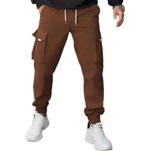 imageCOOFANDY Mens Cargo Joggers Drawstring Jogger Cargo Pants Fashion Tapered Pants with Multi PocketsBrown