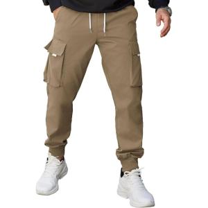 imageCOOFANDY Mens Cargo Joggers Drawstring Jogger Cargo Pants Fashion Tapered Pants with Multi PocketsKhaki