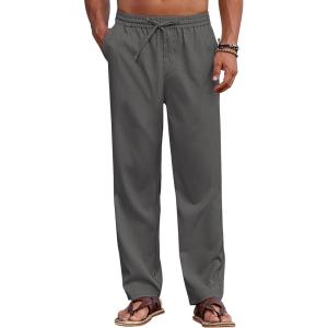 imageCOOFANDY Mens Casual Elastic Waist Pants Drawstring Summer Beach Pant Lightweight Stretch Linen TrouserDark Grey