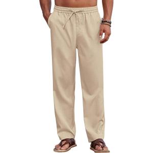 imageCOOFANDY Mens Casual Elastic Waist Pants Drawstring Summer Beach Pant Lightweight Stretch Linen TrouserDark Khaki