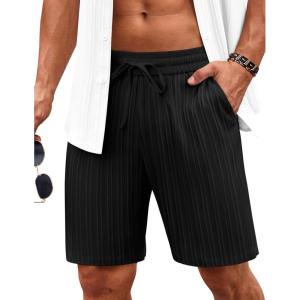 imageCOOFANDY Mens Beach Shorts 9quot Elastic Waist Drawstring Casual Shorts Regular Fit Summer Textured ShortsBlack