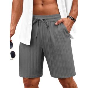 imageCOOFANDY Mens Beach Shorts 9quot Elastic Waist Drawstring Casual Shorts Regular Fit Summer Textured ShortsDark Grey