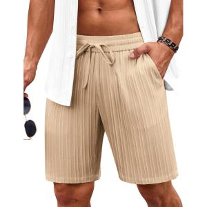 imageCOOFANDY Mens Beach Shorts 9quot Elastic Waist Drawstring Casual Shorts Regular Fit Summer Textured ShortsKhaki