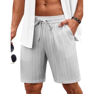 imageCOOFANDY Mens Beach Shorts 9quot Elastic Waist Drawstring Casual Shorts Regular Fit Summer Textured ShortsLight Grey