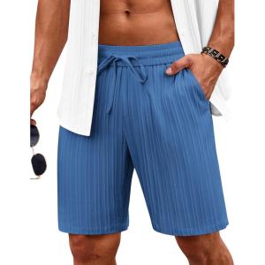 imageCOOFANDY Mens Beach Shorts 9quot Elastic Waist Drawstring Casual Shorts Regular Fit Summer Textured ShortsNavy Blue