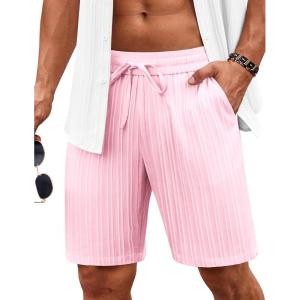 imageCOOFANDY Mens Beach Shorts 9quot Elastic Waist Drawstring Casual Shorts Regular Fit Summer Textured ShortsPink