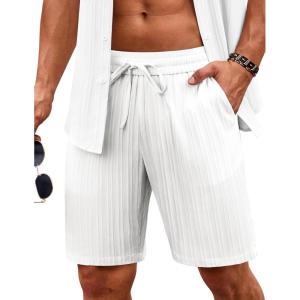imageCOOFANDY Mens Beach Shorts 9quot Elastic Waist Drawstring Casual Shorts Regular Fit Summer Textured ShortsWhite