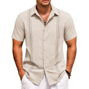 imageCOOFANDY Cuban Guayabera Shirts for Men Short Sleeve Casual Button Down Shirts Summer Vacation ShirtsBeige