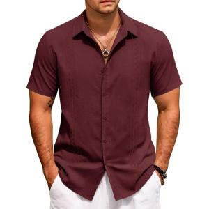 imageCOOFANDY Cuban Guayabera Shirts for Men Short Sleeve Casual Button Down Shirts Summer Vacation ShirtsDeep Red