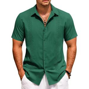 imageCOOFANDY Cuban Guayabera Shirts for Men Short Sleeve Casual Button Down Shirts Summer Vacation ShirtsForest Green