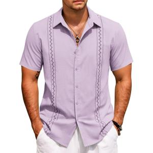 imageCOOFANDY Cuban Guayabera Shirts for Men Short Sleeve Casual Button Down Shirts Summer Vacation ShirtsLilac
