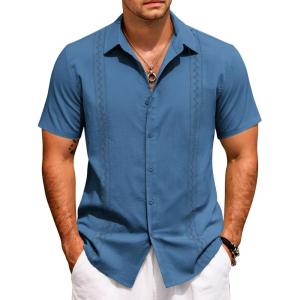 imageCOOFANDY Cuban Guayabera Shirts for Men Short Sleeve Casual Button Down Shirts Summer Vacation ShirtsNavy