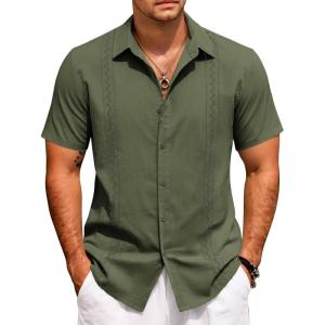 imageCOOFANDY Cuban Guayabera Shirts for Men Short Sleeve Casual Button Down Shirts Summer Vacation ShirtsOlive Green
