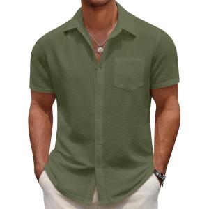 imageCOOFANDY Mens Casual Button Down Short Sleeve Shirt Textured Summer Beach Vacation ShirtArmy Green