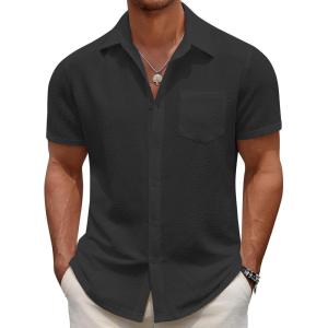 imageCOOFANDY Mens Casual Button Down Short Sleeve Shirt Textured Summer Beach Vacation ShirtBlack