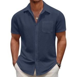 imageCOOFANDY Mens Casual Button Down Short Sleeve Shirt Textured Summer Beach Vacation ShirtBlueviolet