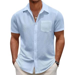imageCOOFANDY Mens Casual Button Down Short Sleeve Shirt Textured Summer Beach Vacation ShirtLight Blue