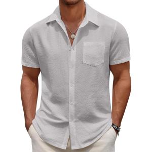 imageCOOFANDY Mens Casual Button Down Short Sleeve Shirt Textured Summer Beach Vacation ShirtLigjt Grey
