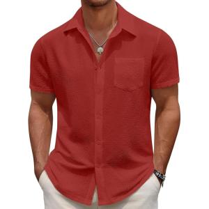 imageCOOFANDY Mens Casual Button Down Short Sleeve Shirt Textured Summer Beach Vacation ShirtRed