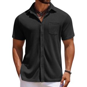 imageCOOFANDY Mens Knit Button Down Shirts Casual Short Sleeve Polo Shirt Summer Beach Shirts with PocketBlack