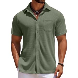 imageCOOFANDY Mens Knit Button Down Shirts Casual Short Sleeve Polo Shirt Summer Beach Shirts with PocketChive