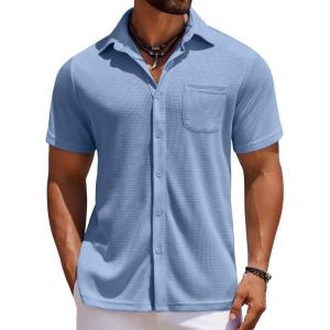 imageCOOFANDY Mens Knit Button Down Shirts Casual Short Sleeve Polo Shirt Summer Beach Shirts with PocketDark Blue