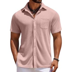 imageCOOFANDY Mens Knit Button Down Shirts Casual Short Sleeve Polo Shirt Summer Beach Shirts with PocketMisty Rose