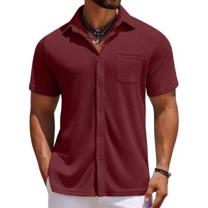 imageCOOFANDY Mens Knit Button Down Shirts Casual Short Sleeve Polo Shirt Summer Beach Shirts with PocketRed Dahlia