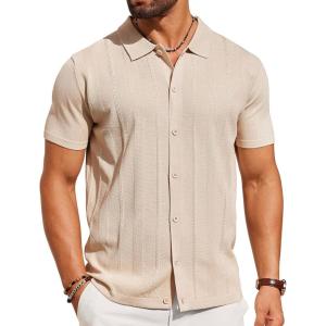 imageCOOFANDY Mens Knit Shirt Short Sleeve Button Down Shirts Casual Summer Beach Vintage Polo ShirtsCream