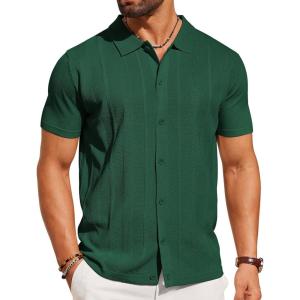 imageCOOFANDY Mens Knit Shirt Short Sleeve Button Down Shirts Casual Summer Beach Vintage Polo ShirtsGreen