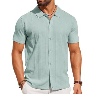 imageCOOFANDY Mens Knit Shirt Short Sleeve Button Down Shirts Casual Summer Beach Vintage Polo ShirtsIce Green