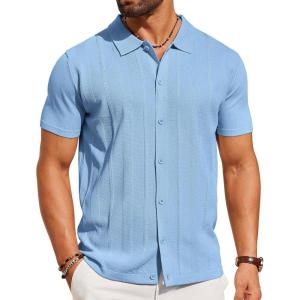 imageCOOFANDY Mens Knit Shirt Short Sleeve Button Down Shirts Casual Summer Beach Vintage Polo ShirtsLight Blue
