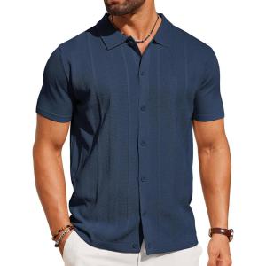 imageCOOFANDY Mens Knit Shirt Short Sleeve Button Down Shirts Casual Summer Beach Vintage Polo ShirtsNavy Blue