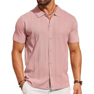 imageCOOFANDY Mens Knit Shirt Short Sleeve Button Down Shirts Casual Summer Beach Vintage Polo ShirtsPink