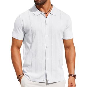 imageCOOFANDY Mens Knit Shirt Short Sleeve Button Down Shirts Casual Summer Beach Vintage Polo ShirtsWhite