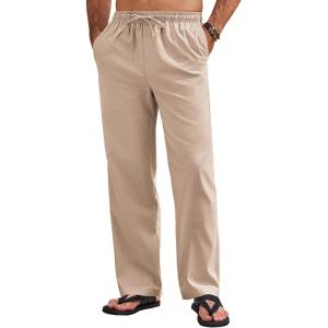 imageCOOFANDY Mens Linen Pants Drawstring Casual Loose Fit Beach Summer Pants Lightweight Linen Trousers Yoga PantsKhaki